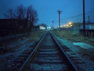 Fototapeta premium Railroad tracks vanishing into distance with cool blue hour lighting and negative space