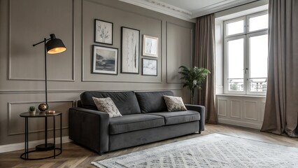 Fototapeta premium A Serene Living Room Bathed In Soft Light, Featuring A Comfortable Grey Sofa Styled With Elegant Throw Pillows, Framed Artwork Adorning The Walls, And A Stylish Floor Lamp Casting A Warm Glow