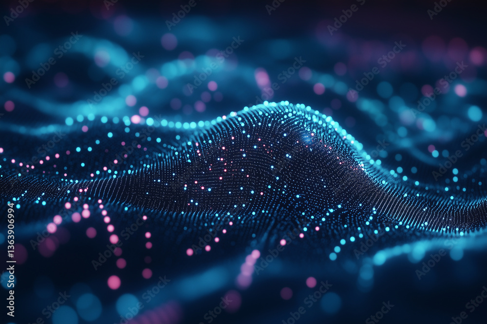 Poster abstract data visualization with glowing dots and wavy digital surface