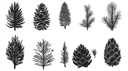 Evergreen silhouettes pine cones, branches, and trees;  winter holiday design elements