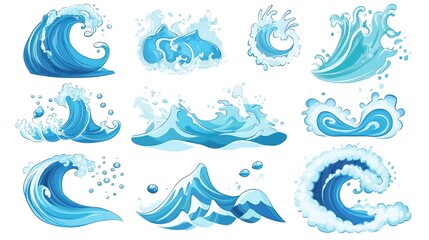 Ocean wave illustrations; various shapes and sizes; white background; design element