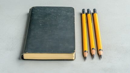 Dark Notebook and Yellow Pencils on Grey Surface
