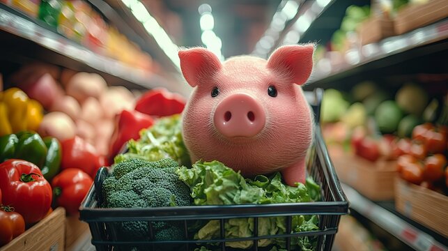 Budgeting essentials using a piggy bank in a grocery cart filled with fresh produce to emphasize saving money on groceries
