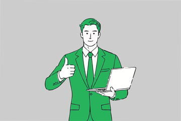 Man with laptop giving thumbs up, isolated on plain background. 