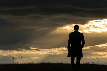 Renewable energy wind farm in landscape with golden hour lighting and negative space above