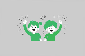 Fototapeta premium Two people cheering with raised fists, isolated on plain background. 