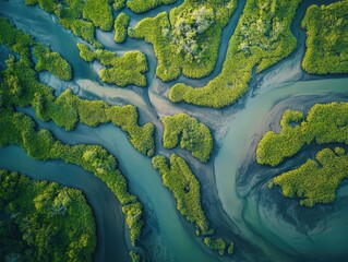 Aerial view of river delta patterns with space for text