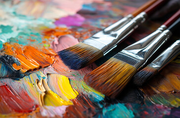 Fototapeta premium Close-up of an artist's palette with paintbrushes, highlighting rich oil paint textures