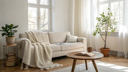 A Serene Living Room Bathed In Sunlight, Featuring A Cozy Cream-colored Sofa Draped With A Chunky Knit Throw, Exuding A Feeling Of Calm And Peaceful Relaxation With Natural Light And Airy Curtains
