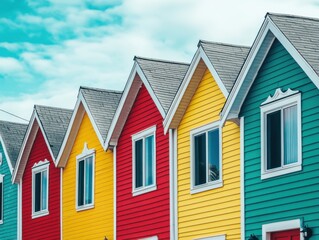 Colorful houses with forced perspective and bright midday lighting above