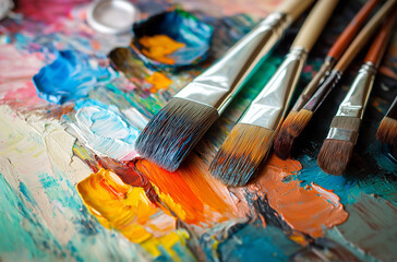 Obraz premium Close-up of an artist's palette with paintbrushes, highlighting rich oil paint textures