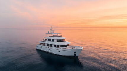 Obraz premium Luxurious White Yacht Floating on Calm Ocean Waters Under a Vibrant Orange Sunset Sky