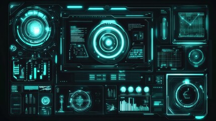 Fototapeta premium Futuristic holographic interface displaying data and analytics with glowing elements in a cyberpunk aesthetic setting at night