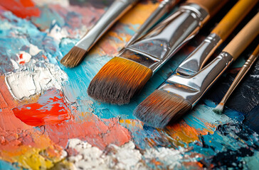Obraz premium Close-up of an artist's palette with paintbrushes, highlighting rich oil paint textures