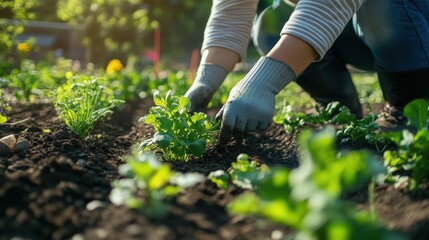 Person working in garden near some green growing plants