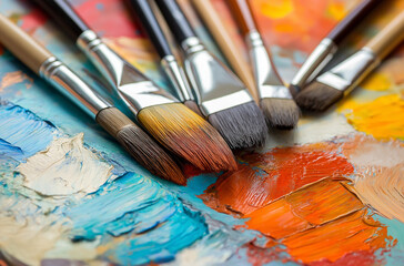 Obraz premium Close-up of an artist's palette with paintbrushes, highlighting rich oil paint textures