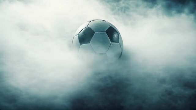 Floating soccer ball surrounded by mist and smoke, ideal for sports promotions, team intros, and athletic branding