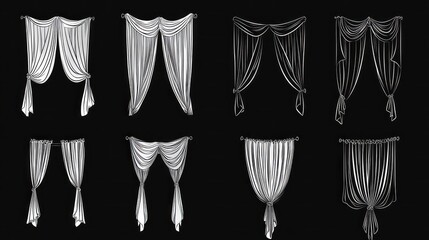 Set of varied white window drapes designs in a row on a black backdrop for interior decor