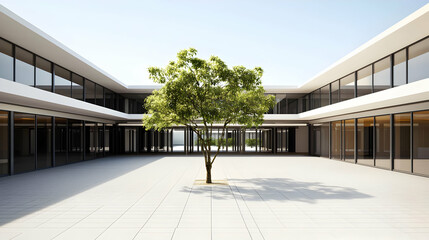 Exterior View Of Modern Building With Green Tree In Sunny Courtyard And Clear Blue Sky