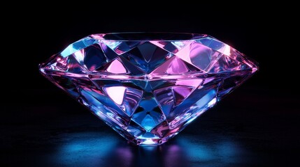 Neon glass diamond frame with reflective patterns, deep black background, sci-fi atmosphere, magenta-blue luminescence