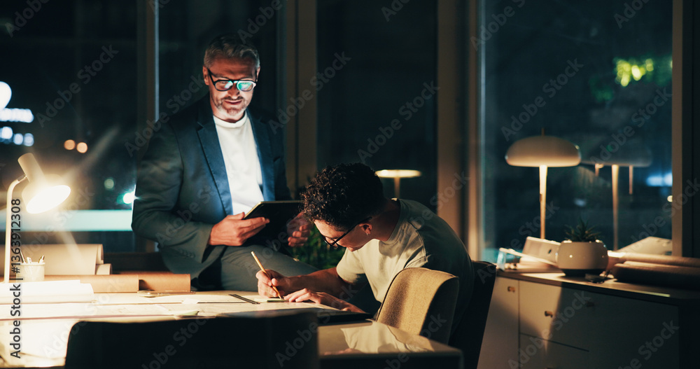 Poster architecture, night and men in office for urban planning advice, property design and floorplan. crea