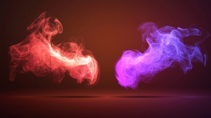 Elegant smoke hearts of red and purple neon vapor, glowing mist effect, isolated on warm brown background, high-detailed vector illustration