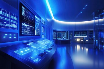 Smart grid control room with futuristic design and blue lighting and negative space on left