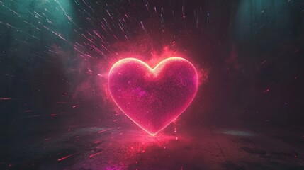 A single radiant neon pink heart, glowing with dynamic light rays, surrounded by subtle star dust and a soft glow aura