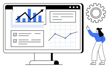 Woman pointing at a monitor displaying graphs, charts, checklists, and data trends. Ideal for analytics, business growth, data visualization, strategy planning, performance tracking teamwork flat
