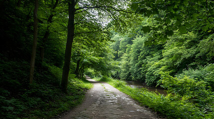 Fototapeta premium Sunlit Pathway Through Lush Green Forest Canopy With Trees And Leafy Vegetation