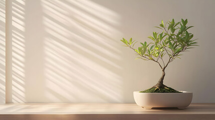 Fototapeta premium Elegant Bonsai On Light Beige Wooden Table