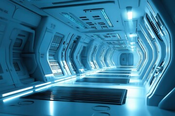 Space station interior in sci-fi style with cool blue lighting and space for text on right