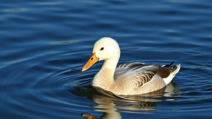 Fototapeta premium Beautiful duck swimming gracefully on calm blue water during bright daylight