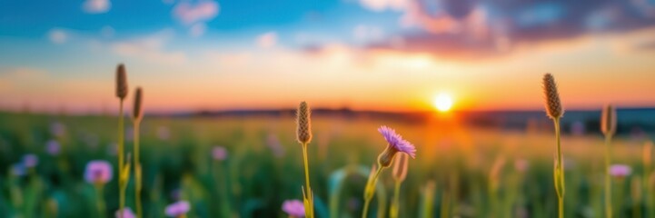 Vibrant sunset over a field of wildflowers with soft clouds lingering in the sky during golden hour
