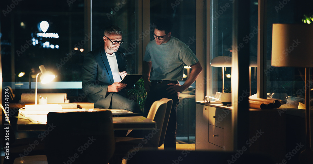 Poster architecture, night and men in office for ideas, urban planning and property design or floorplan. cr