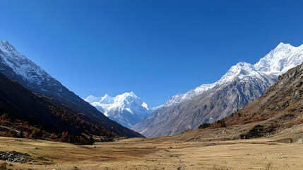 Himalayan Valley Panorama With Snow Capped Peaks