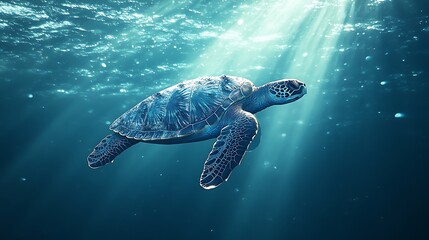 Fototapeta premium Sea Turtle with Plastic Bag in Ocean, A sea turtle swimming underwater with a plastic bag on its shell, highlighting ocean pollution