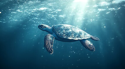 Fototapeta premium Sea Turtle with Plastic Bag in Ocean, A sea turtle swimming underwater with a plastic bag on its shell, highlighting ocean pollution