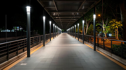 Obraz premium Illuminated Urban Pathway at Night Featuring Rows of Lights in a Dark Environment with Architectural Details