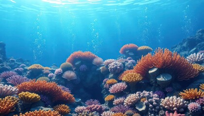 Obraz premium Vibrant underwater scene featuring colorful coral reefs and bubbles rising through water.