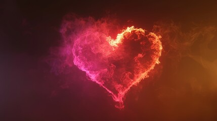 Digital heart symbol of swirling mist, glowing red and pink vapor clouds, neon puff details, isolated on dark brown background, holographic glow
