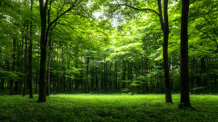 Obraz premium Lush Green Forest Scene with Sunlight Penetrating Through the Dense Tree Canopy creating a Bright and Airy Atmosphere