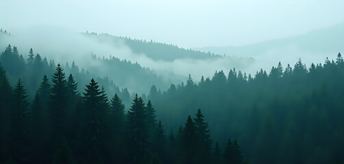 Naklejka premium a foggy forest in the mountains with pine trees in the mist