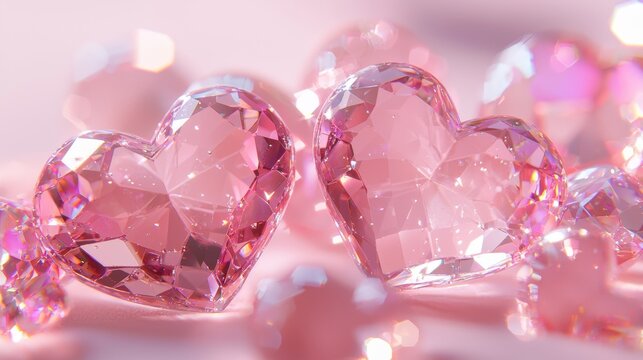 Cluster of heart crystals in varying sizes, ultra-glossy texture, glowing softly, fine detailing and soft pink backdrop - Powered by Adobe