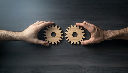 Teamwork: Interlocking Gears on Dark Wood.