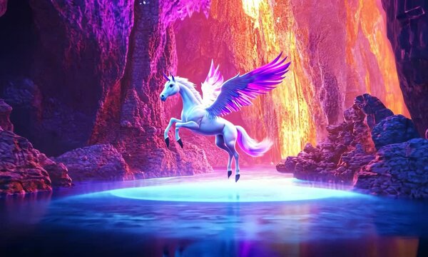 Majestic Winged Unicorn in Ethereal Cave of Vibrant Colors with ai generated.