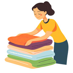 Flat Design of a Person Neatly Stacking Towels, Isolated on Transparent Background