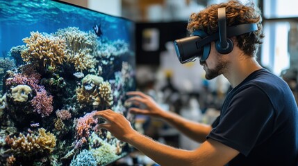A person uses virtual reality to experience underwater environments