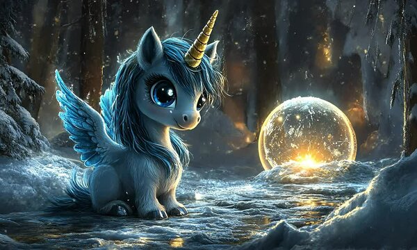 Cute winged unicorn in a snowy forest, magical glow