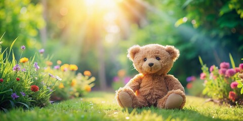 Fototapeta premium Adorable Tiny Teddy Bear in Spring Garden - Cute Plush Toy Outdoors